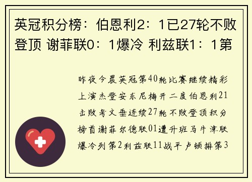 英冠积分榜：伯恩利2：1已27轮不败登顶 谢菲联0：1爆冷 利兹联1：1第3
